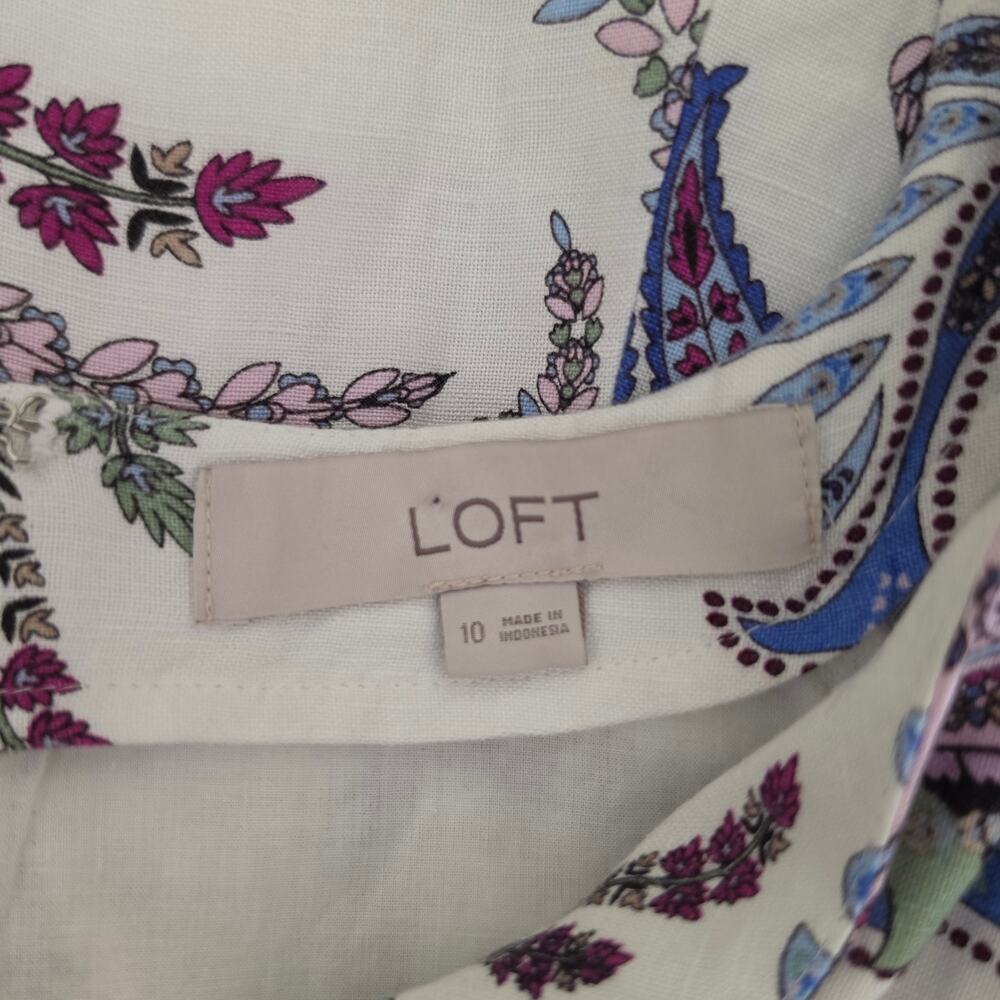 LOFT Women's Size 10 Purple White Paisley Linen Blend Beted Puff Sleeve Dreess - Picture 7 of 8